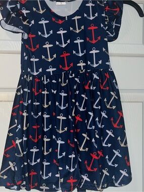 Girls Navy Anchor Print Dress - Red, White & Tan